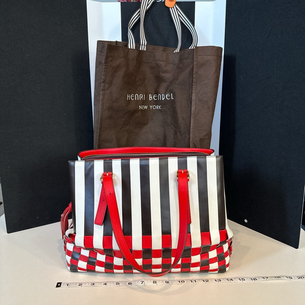 Henri Bendel Black and White Striped Tote with Red Accents